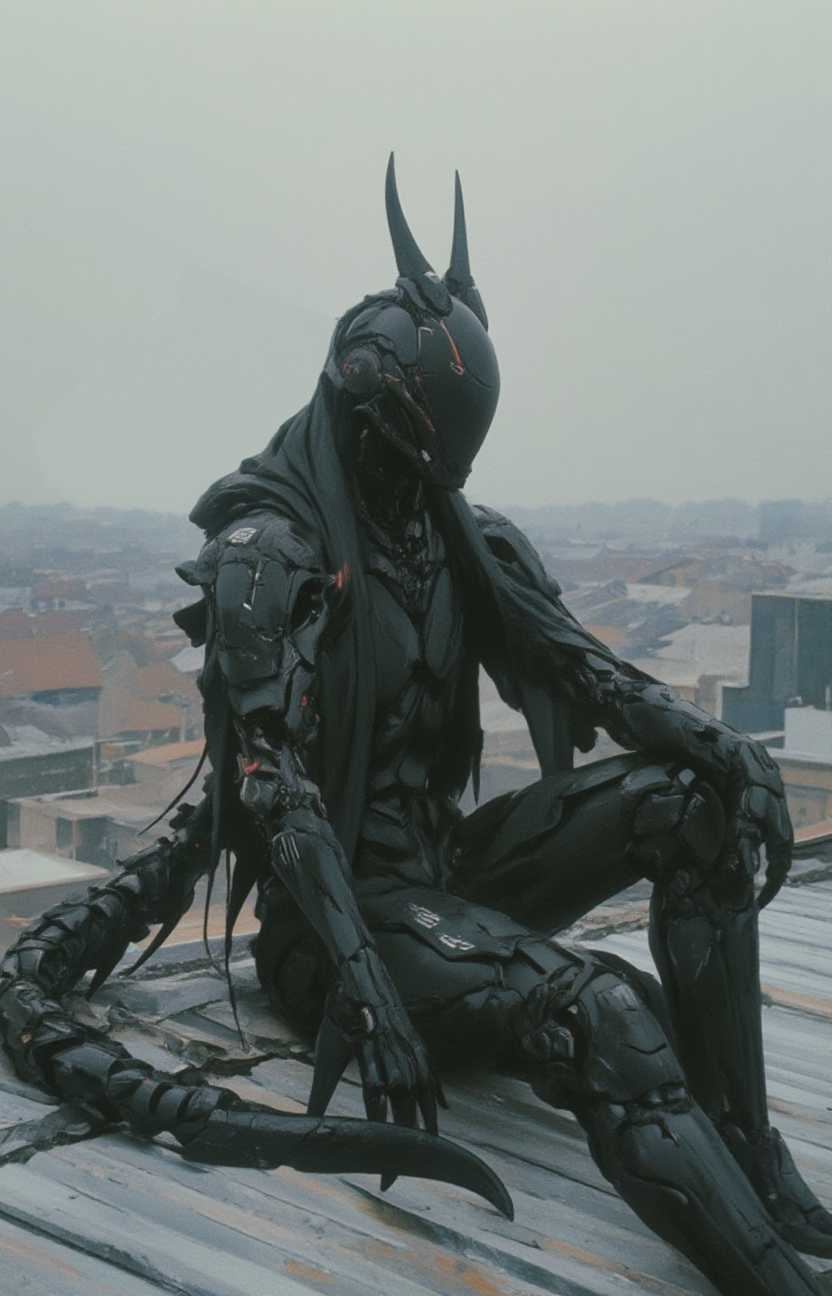 a person wearing an intricate and complex biomechanical black scorpion like exoskelett which has also a long scorpion like  tail that ends in a stinger while sitting on the roof of a building, red and white markings,  <lora:- Flux1 - the_edgy_mech_V1.0-step000012600:.8>