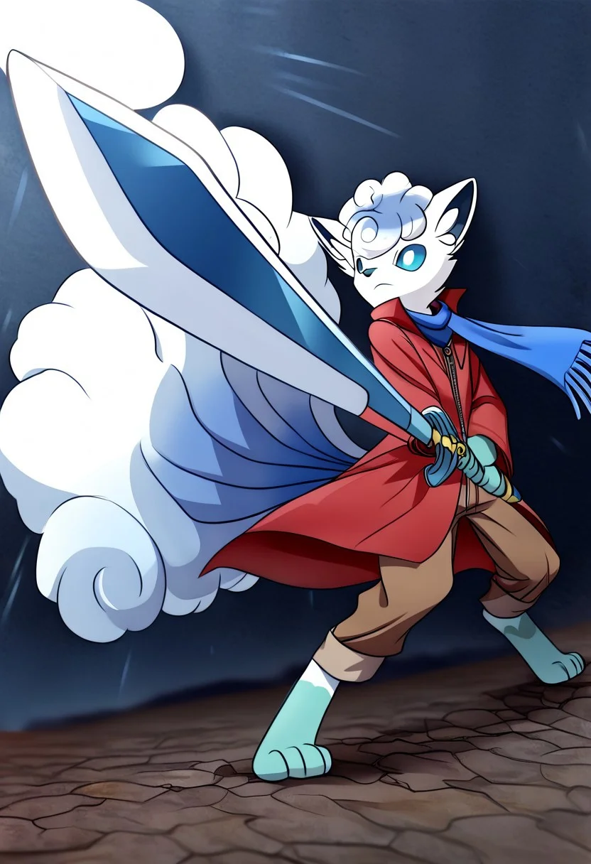 male Alolan Vulpix, anthro, long legs, brown pants, red coat, blue scarf, brave-perspective, holding sword, style of akira toriyama