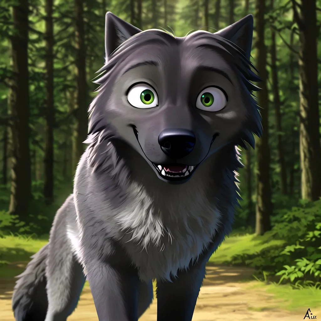 masterpiece, best quality, fictional, cartoon, amazing quality, male focus, front view iew, feral, wolf, dark gray fur, slender body, animal ears, tail, smiling, looking at viewer, dark eyebrows, green eyes, forest background <lora:Shakey_Alpha_and_omega:1>