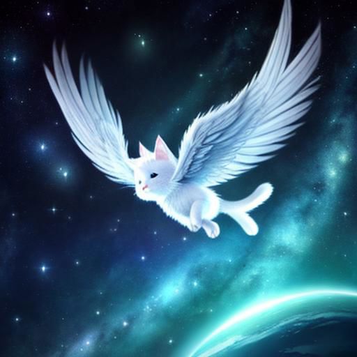 best quality, masterpiece, cute fluffy angora baby with Angel wings flying in the sky, cute eyes,  kitten looks to cheerful, grin side view,  full body, SyFyEye1, reflection, night sky, day, crescent moon, ocean, night, sunlight, sunlight, 1other, moonlight, from behind, milky way, science fiction, planet, river, flying,