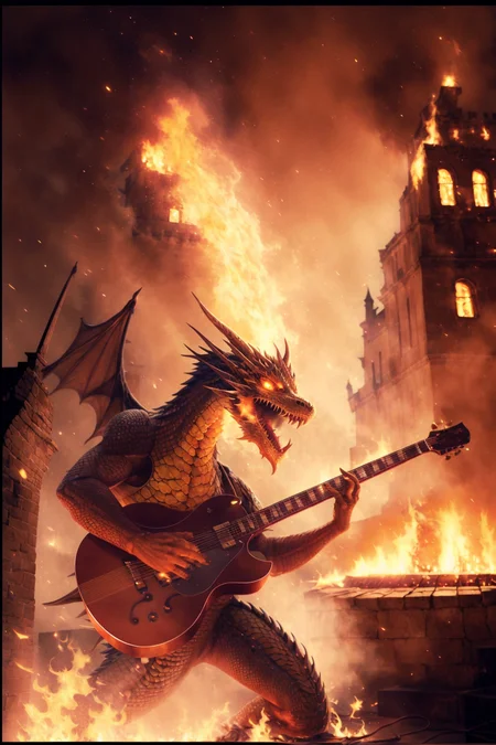 <lora:ironcatlora2Dragons_v10:0.4> <lora:guitarsElectricAnd_v10:1> textless, photo, a dragon playing guitar, near a castle on fire, (guitar)