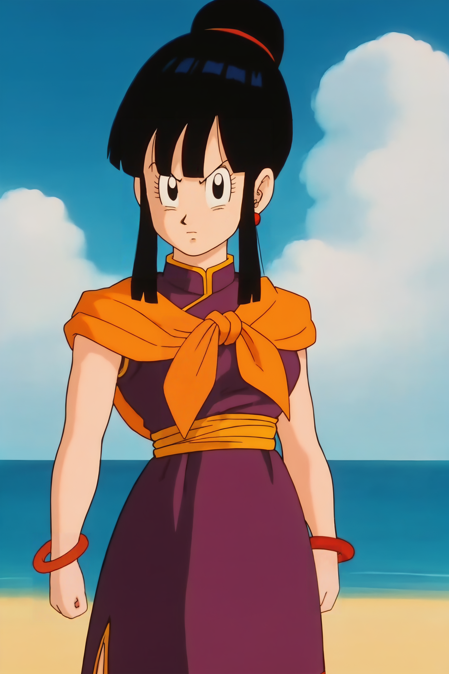 source_anime, score_9, score_8_up, score_7_up, anime screencap,8k, absurd res,
chi-chi, 1girl, solo, looking at viewer, bangs, black hair, purple dress, jewelry, closed mouth, standing, sidelocks, earrings, outdoors, sky, single hair bun, anime coloring, retro artstyle, sleeveless, day, cloud, hair bun, black eyes, red bracelet, blue sky, ocean, chinese clothes, cloudy sky, clenched hands, serious, looking at viewer, (orange neckerchief), yellow sash, 1990s \(style\), arms at sides, bare legs, cowboy shot 
 <lora:chichi_pony_v2:0.8>