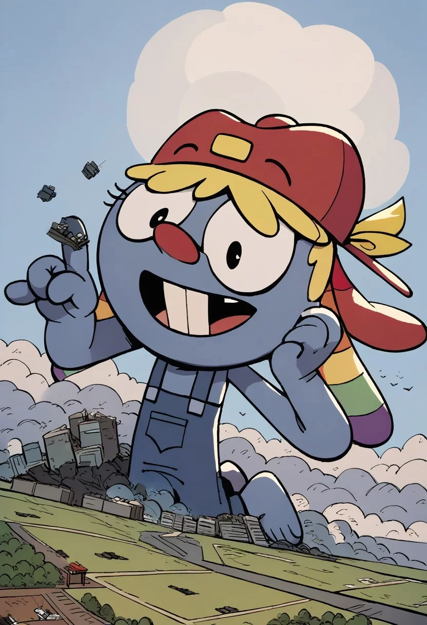 (score_9 | score_8_up | score_7_up) ((masterpiece:1))(best quality,very high quality,ultra detailed:1.2) (2D,cartoon style,anime style)(Smooth:2)(clean blurring) (four fingers on each hand,one thumb on each hand:1), Leif Loud, solo, 1boy, Blonde hair, missing teeth, red baseball cap facing backwards, blue overalls, red nose, prominent front teeth, long hanging ears, rainbow striped ears, large black eyes, white tail, short blue fur, prominent eyelashes, dark blue seam-like markings, yellow bow, macro, growth, destruction, giantess, wide eyes,giantess, above the city, destruction, explosions around feet, dust near paws, full body