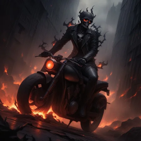 Dark Fantasy Art, Dark Moody Atmosphere, dramatic, mysterious, dark moody atmosphere, dark, moody, dark fantasy style, realistic anime,
BREAK,
Ghost Rider rockets up the skyscraper, his flaming motorcycle scorching a fiery path over glass and steel,
BREAK,
His skull, engulfed in hellfire, casts a sinister, flickering glow, with empty eye sockets seething with vengeful fire,
BREAK,
Flames curl around his skeletal form, his leather jacket and pants seared and frayed, smoldering as he rides,
BREAK, 
sitting on his bike, cracked roadway, cracked road, skull, from side, low angle shot, close up shot, detailed afce, detailed skull,