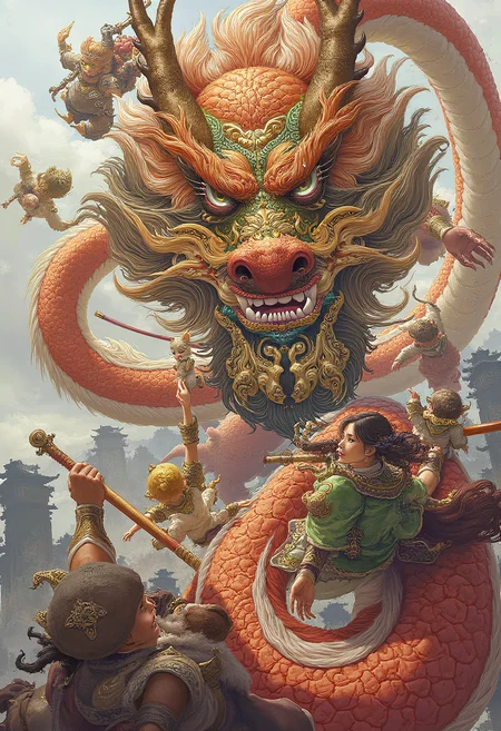 zhongfenghuastyle, multiple girls, multiple boys, dragon, eastern dragon, long hair, black hair, weapon, horns, hat, brown hair, chinese clothes, sword, short hair, holding, monster, green hair, blonde hair