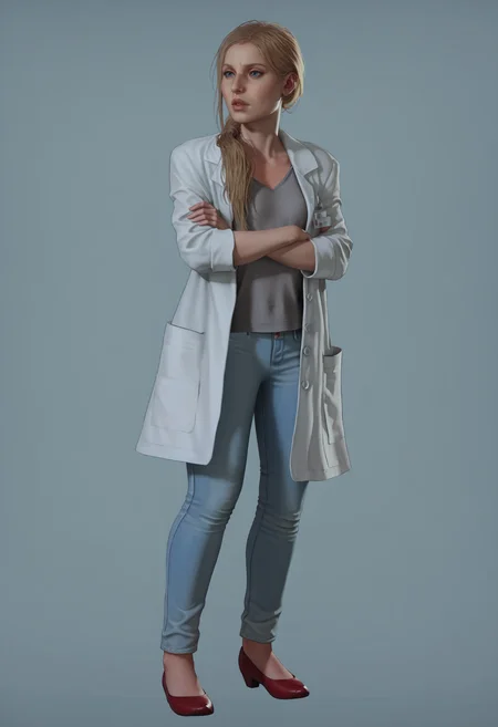 score_9, score_8_up, score_7_up, score_6_up, score_5_up, score_4_up, 1girl, <lora:AnnetteBirkin:0.85> solo, long hair, hair over shoulder, blonde hair, blue eyes, lips, labcoat, jeans, red footwear, full body, arms crossed,
light blue background, simple background,