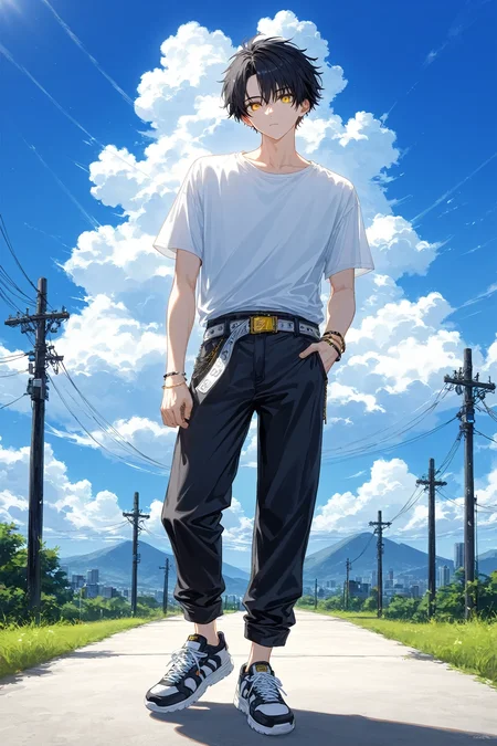1boy, solo, belt, black hair, bracelet, cloud, contrapposto, jewelry, looking at viewer, outdoors, pants, shirt, shoes, short hair, short sleeves, sky, sneakers, t-shirt, white shirt, yellow eyes