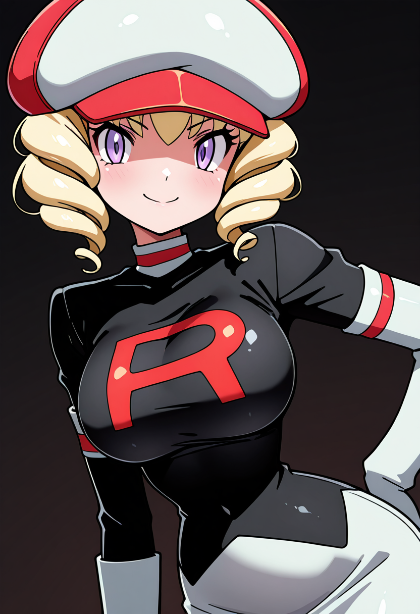 masterpiece, best quality, 1girl, solo, eyelashes, (beautiful eyes), shiny skin, looking at viewer, smile,   zzDomino, purple eyes, blonde hair, drill hair, short hair, looking at viewer, smile, skirt, simple background, hat, white background, hand on hip, cosplay, eyelashes, white skirt, team rocket uniform,    large breasts, wide hips, narrow waist,  <lora:DominoPokemon_IXL_v2:1.0>,
