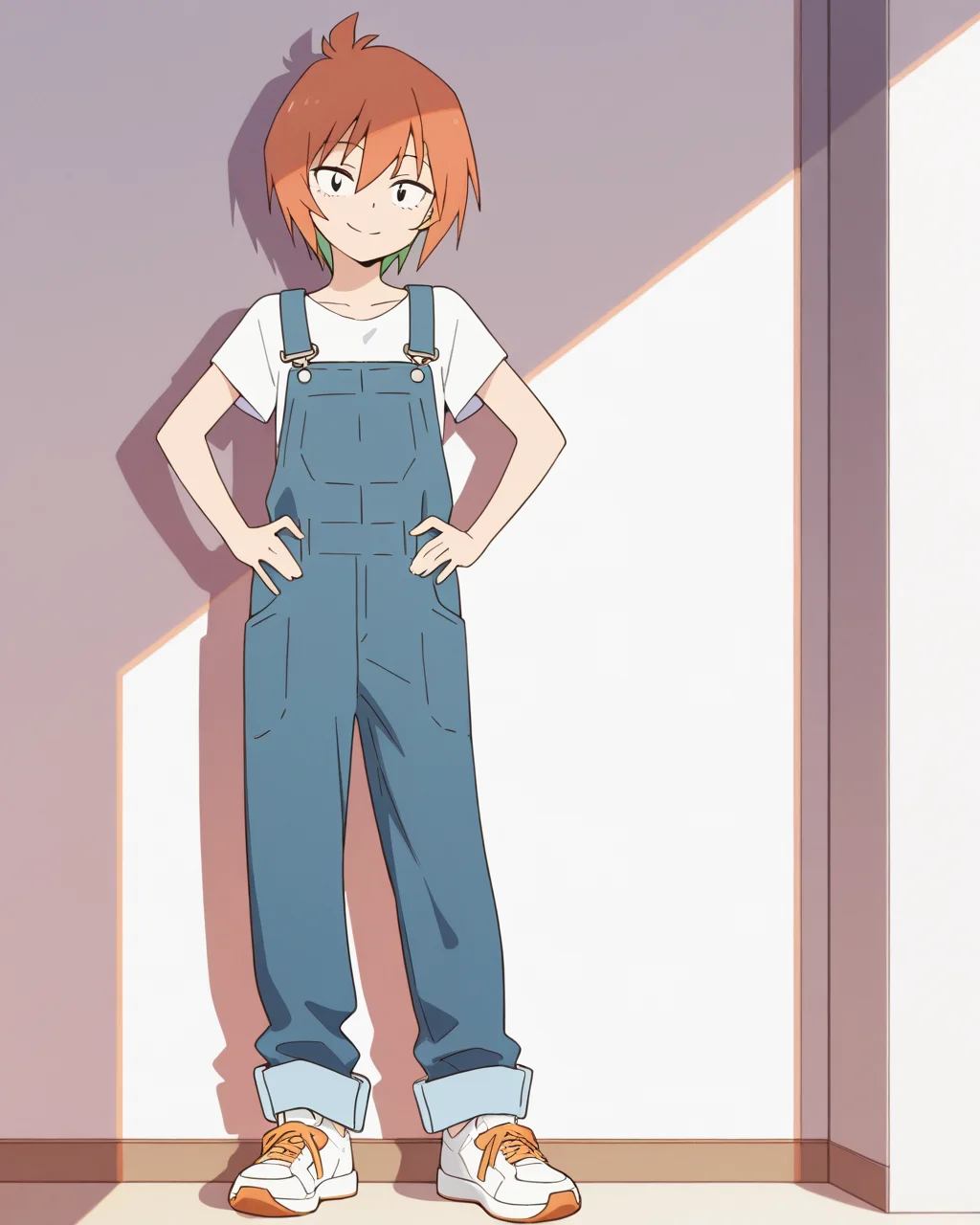 (masterpiece:1.4), (best quality:1.4),  very aesthetic,best quality, amazing quality, absurdres,
yasaku_rei, orange hair, 1girl, solo, short hair, , multicolored hair,
white shirt,half sleeve,denim overalls,oversized pants,white sneakers,orange shoelace,roll-up
 <lora:yasaku_rei:1>
standing,hands on hip,looking at viewer,smile,
full body,
white wall,drop shadow,
