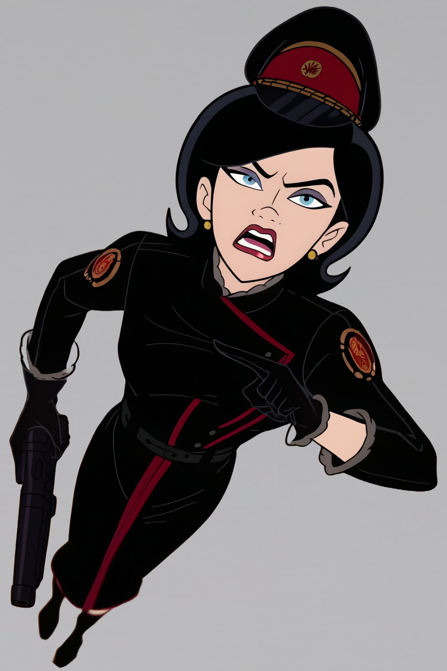 score_9_up, score_8_up, score_7_up, score_6_up, score_5_up, score_4_up, show accurate style, source_cartoon, flat colors,msMonarch, 1girl, solo, black hair, short hair, blue eyes, earrings, guild alt outfit, military jacket, black gloves, black high high heel boots, military hat, belt, lipstick, full body,,grey background, depth of field, foreshortening, fit to frame, from frown, lipstick,  dutch angle, AddXL,Perfect Hands, holding gun, pointing at viewer, from above, high angle, narrowed eyes, open mouth, upper teeth only,