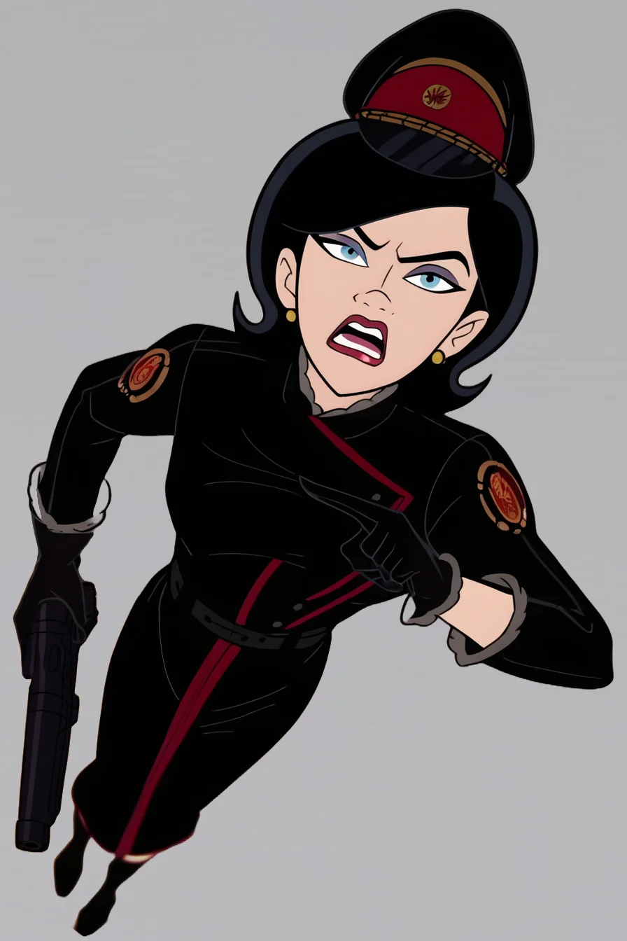 score_9_up, score_8_up, score_7_up, score_6_up, score_5_up, score_4_up, show accurate style, source_cartoon, flat colors,msMonarch, 1girl, solo, black hair, short hair, blue eyes, earrings, guild alt outfit, military jacket, black gloves, black high high heel boots, military hat, belt, lipstick, full body,,grey background, depth of field, foreshortening, fit to frame, from frown, lipstick, dutch angle, AddXL,Perfect Hands, holding gun, pointing at viewer, from above, high angle, narrowed eyes, open mouth, upper teeth only,