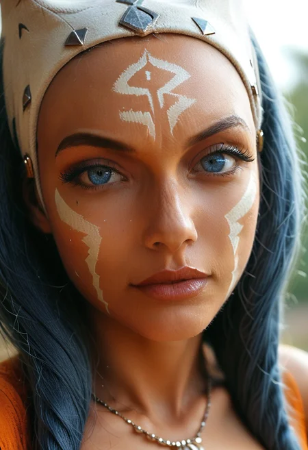 score_9, score_8_up, score_7_up, score_6_up, rating:questionable, 1girl, milf, 39 year old, (large blue eyes:1.2), (large almond-shaped eyes:1.2), ((perfecteyes)), (extended eyelashes:1.3), (flared eyeliner:1.3), (eyeshadow), (blush), slender face, prominent cheekbones, BREAK, sexy and alluring, classic look, beautiful eyes, huge natural breasts, heavy breasts, heart-shaped ass, tight body, ((dressed in cosplay as slutty version of ahsoka tano from Star Wars Rebels, white face paint, detailed blue eyes, orange skin):1.5), ((dramatic pose:1.3)), (relaxed expression:1.2), (playful smirk:0.7), dramatic angle, dramatic lighting, (god_rays:1.3), candid photo, dynamic angle, vibrant lighting, high contrast, dramatic shadows, highly detailed, detailed skin, depth of field, zPDXLrl, zPDXL2, reddit, low quality, traditional media, amateur, real life photo, raw, film grain