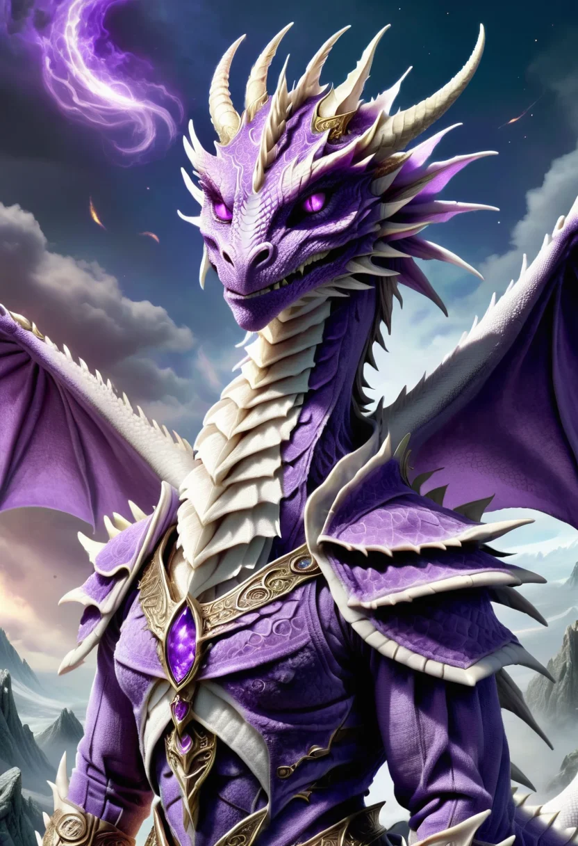 DonMT0w31XL towel, male dragonborn, female human with dragonic characteristics, reptilian skin, dragon like eyes, crest,tail, fingers with talons, sense of mystique and hidden power, regal powerful presence, ignition,crowded,celestial skies,abundant,achievement,pristine , purple <lora:DonMT0w31XL-000010:1>