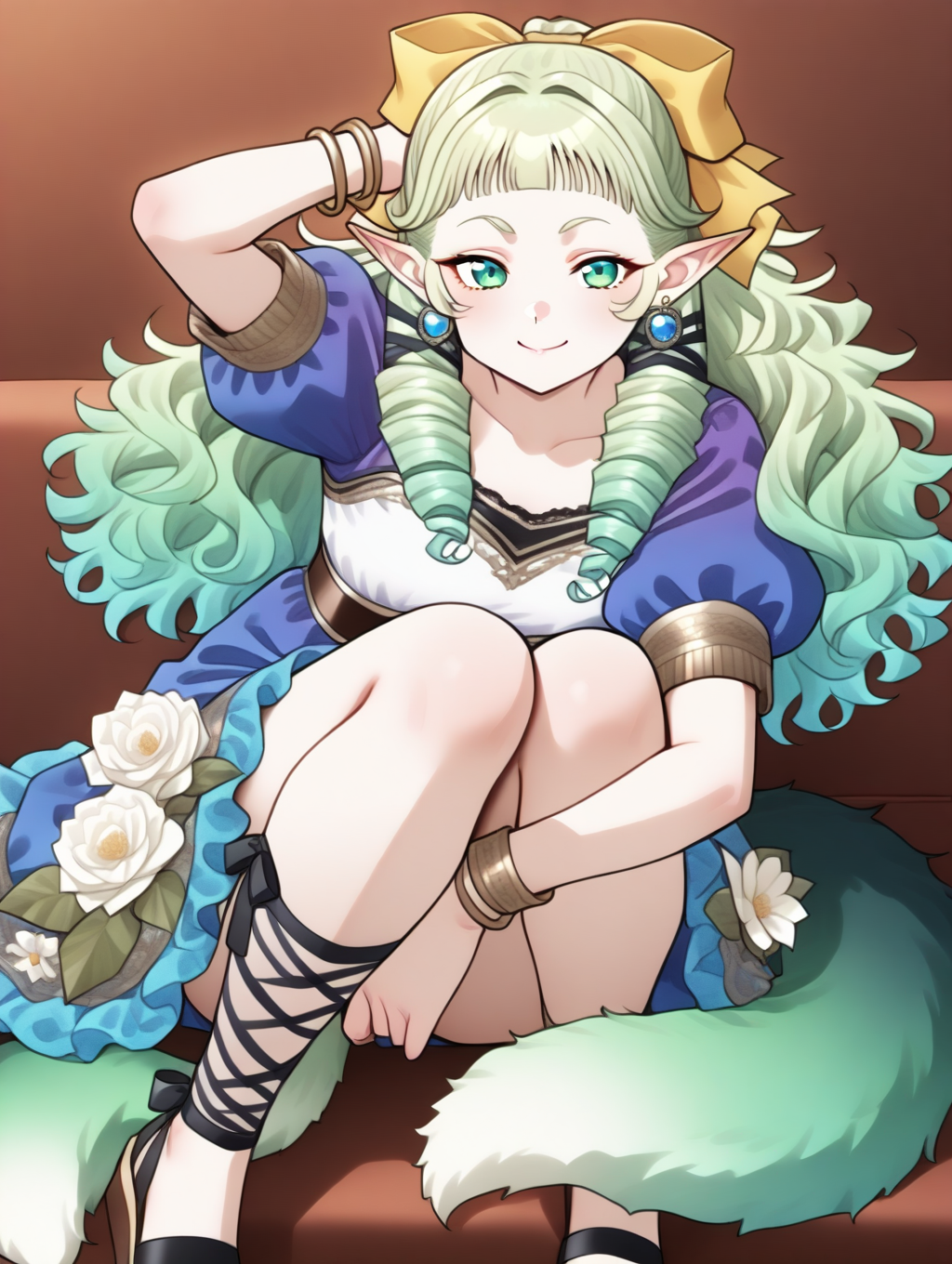 perfect quality,best quality,absolutely eye-catching,ambient occlusion,raytracing BREAK
1girl,<lora:SO4pafy IL v1.2:1>,SO4pafiy,green eyes,green hair,wavy hair,drill sideburns,hair ribbon,pointy ears,earrings,bracelet,green gradient dog tail,white flower on skirt,sandals,black cross-laced legwear,blue puffy short sleeves,ankle lace-up,lace trim,single flower,blue dress,smile,blouse,, straight-on,full_shot,on_side,thumbs_up,arm_up,hugging_own_legs,