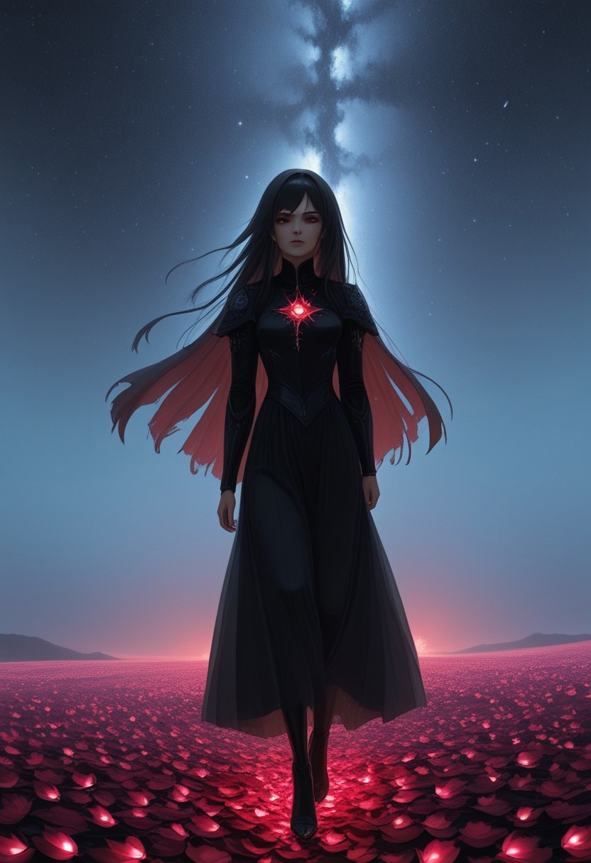 A beautiful woman stands at the edge of a vast, starry void, her form beginning to dissolve into a swirling storm of black, gold, silver, and red rose petals. Her face is serene, almost ethereal, as if she’s accepted her transformation. Her long hair flows gently in an otherworldly breeze, and her eyes, filled with a mix of sadness and wonder, gaze into the infinite cosmos. As the petals break away from her body, they are caught in a cosmic whirlwind, spiraling upward into the darkness. The black petals shimmer faintly, their edges glowing with gold and silver, while the red petals burn like embers, leaving trails of fiery light. The stars around her pulse and twinkle, their light reflecting off the petals and creating a mesmerizing dance of shadows and light. The atmosphere is a perfect blend of melancholy and beauty, capturing the woman’s transition from the physical world to the cosmic unknown. The scene is both haunting and enchanting, as if she’s becoming one with the universe itself." Additional details for refinement: Style: Hyper-realistic or semi-realistic, with a focus on atmospheric lighting and fluid motion. Lighting: Soft, cosmic light with glowing highlights on the petals and stars. Color palette: Deep blacks, shimmering golds and silvers, and fiery reds (petals), with shimmering whites and blues (stars). Mood: Melancholic, mystical, and awe-inspiring, with a sense of transcendence and beauty.
