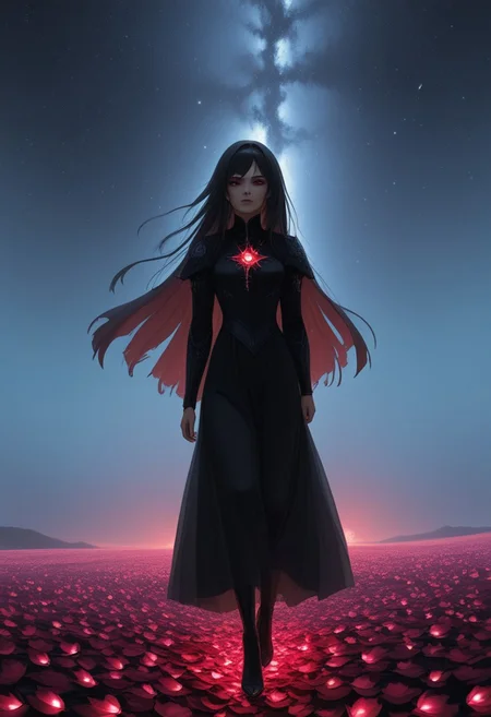 A beautiful woman stands at the edge of a vast, starry void, her form beginning to dissolve into a swirling storm of black, gold, silver, and red rose petals. Her face is serene, almost ethereal, as if she’s accepted her transformation. Her long hair flows gently in an otherworldly breeze, and her eyes, filled with a mix of sadness and wonder, gaze into the infinite cosmos. As the petals break away from her body, they are caught in a cosmic whirlwind, spiraling upward into the darkness. The black petals shimmer faintly, their edges glowing with gold and silver, while the red petals burn like embers, leaving trails of fiery light. The stars around her pulse and twinkle, their light reflecting off the petals and creating a mesmerizing dance of shadows and light. The atmosphere is a perfect blend of melancholy and beauty, capturing the woman’s transition from the physical world to the cosmic unknown. The scene is both haunting and enchanting, as if she’s becoming one with the universe itself." Additional details for refinement: Style: Hyper-realistic or semi-realistic, with a focus on atmospheric lighting and fluid motion. Lighting: Soft, cosmic light with glowing highlights on the petals and stars. Color palette: Deep blacks, shimmering golds and silvers, and fiery reds (petals), with shimmering whites and blues (stars). Mood: Melancholic, mystical, and awe-inspiring, with a sense of transcendence and beauty.