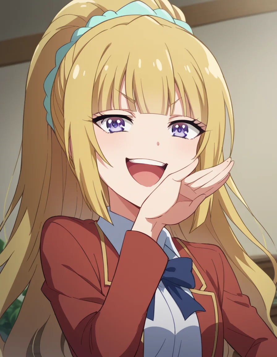 score_9, score_8_up, score_7_up, source_anime, keikaruizawa, <lora:kei-karuizawa-anime-s2-ponyxl-lora-nochekaiser:1>, kei karuizawa, long hair, bangs, blunt bangs, purple eyes, blonde hair, hair ornament, ponytail, scrunchie, blue scrunchie,, <lora:ojou-sama-pose-ponyxl-lora-nochekaiser:1>, ojou-sama pose, laughing, smug, hand to own mouth, open mouth,, indoors, smile,, cowboy shot, dutch angle, looking at viewer,