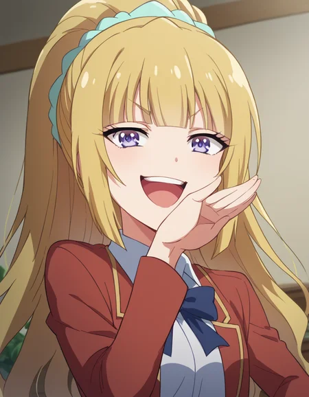 score_9, score_8_up, score_7_up, source_anime, keikaruizawa, <lora:kei-karuizawa-anime-s2-ponyxl-lora-nochekaiser:1>, kei karuizawa, long hair, bangs, blunt bangs, purple eyes, blonde hair, hair ornament, ponytail, scrunchie, blue scrunchie,, <lora:ojou-sama-pose-ponyxl-lora-nochekaiser:1>, ojou-sama pose, laughing, smug, hand to own mouth, open mouth,, indoors, smile,, cowboy shot, dutch angle, looking at viewer,