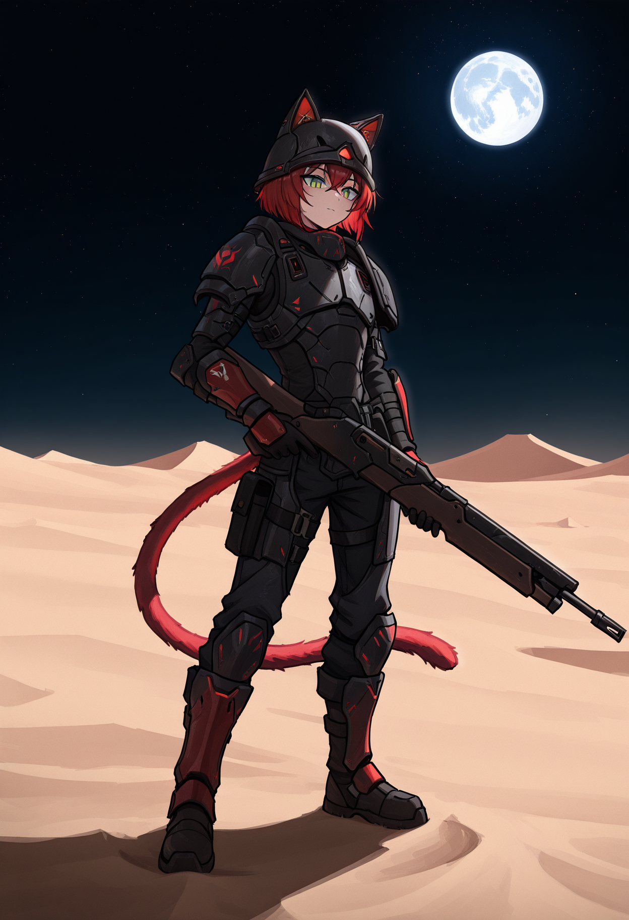 1boy,  skinny, catboy, red tail, red cat ears, bob hair, red hair, green eyes, slit pupils,
night, stars, moon, desert, rifle, holding weapon, standing,
nodtrooper, science fiction, armor, gloves, boots, chestplate, shoulder armor,  helmet, <lora:trooperNODC&CIL:1>,
masterpiece,best quality,amazing quality,   <lora:gogalkingIL-style:0.8>