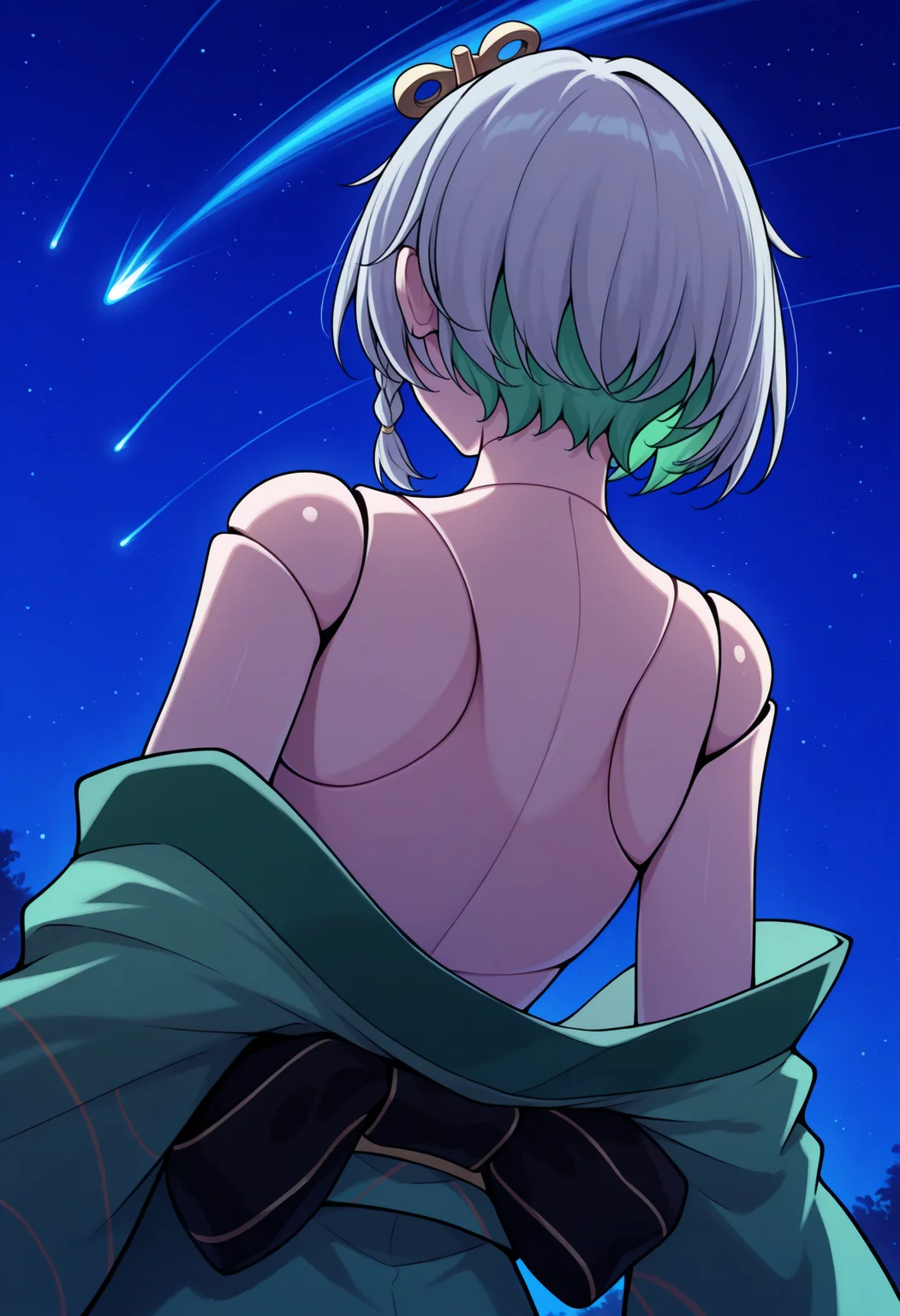 masterpiece, best quality, 1girl, solo, CeciliaImmergreen, green eyes, winding key hair ornament, doll joints, grey hair, colored inner hair, streaked hair, short hair, side braid, from behind, facing away, green kimono, off shoulder, back, from below, dynamic angle, dutch angle, comet, light trail, blue theme, dark theme, night, high contrast, shining comet, glowing comet, <lora:ChamCeciliaImmergreenIllustriousXL:1>