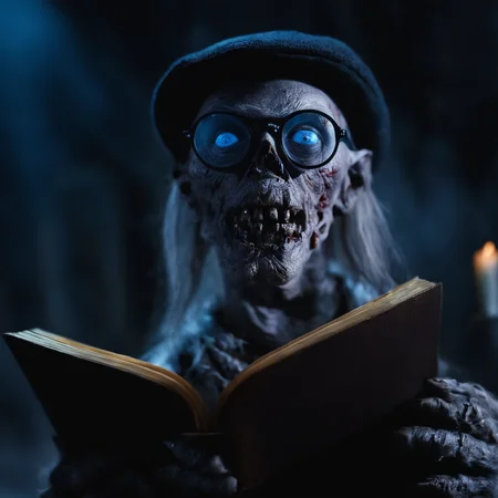 cinematic film still of <lora:Cryptkeeper:1>
Cryptkeeper a book with a zombie face and glasses on it,looking at viewer,open mouth,blue eyes,1boy,hat,glasses,teeth,black headwear,sunglasses,monster,horror (theme),realistic,realistic,realism,photorealism,hyperrealism,hyperrealistic,realistic,sharp,detailed,cinematography style,film light style,movie still,professional photography,artistic,perfection,contrast,cinematic,filmic,high quality photo,8k quality,colorful,photography style,horror themed,Anthology Black comedy Dark fantasy Horror , tales from the crypt style, shallow depth of field, vignette, highly detailed, high budget, bokeh, cinemascope, moody, epic, gorgeous, film grain, grainy