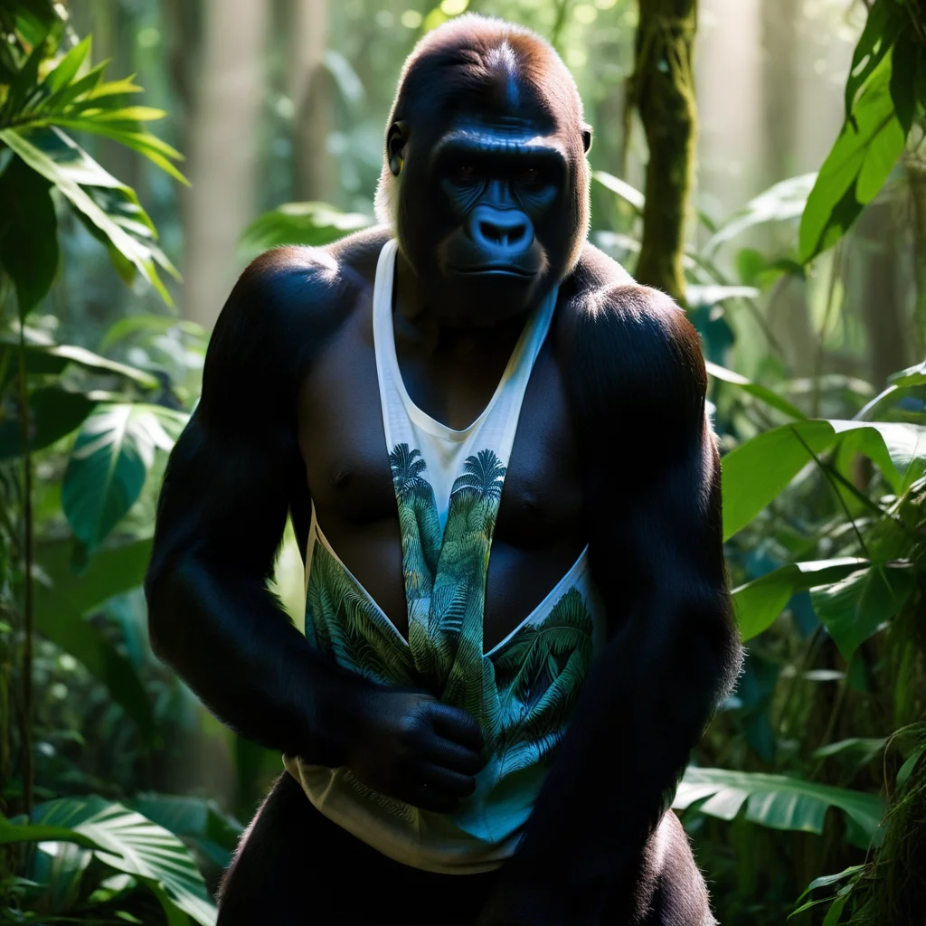 a photo of a gorilla wearing a tank top, shirtsqueeze, in a jungle, realistic, intricate, masterpiece, sharp focus, dramatic, award winning scene, soft lighting, film grain, high res <lora:shirtsqueezev2_SDXL:0.9>