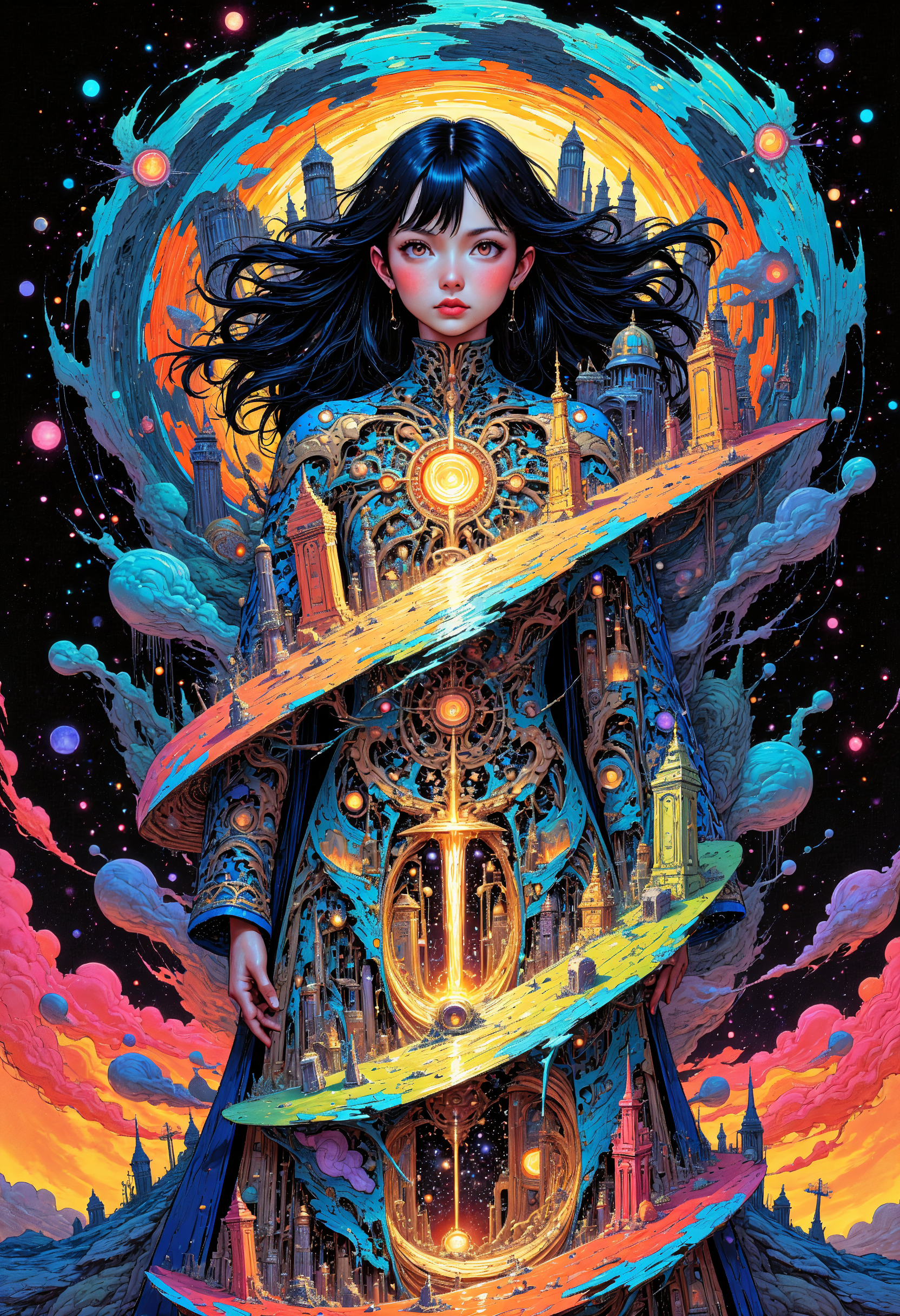 (in Otomo Katsuhiro style:1.2), masterpiece, high-quality, A time traveler with swirling bands of light circling her body, each representing different eras casting shifting shadows of various ancient and futuristic architectures onto her, She holds a small rotating hourglass filled with stars as if containing entire galaxies, The background is an abstract vortex of time and space, era fusion, cosmic hourglass, temporal glow, Stylized anime with intricate time effects and cosmic motifs, (elaborate fine details:1.1), (hyperdetailed:1.1), (intricate details:1.0), (Refined details:1.1), (best quality:1.1), (high resolution:1.2),