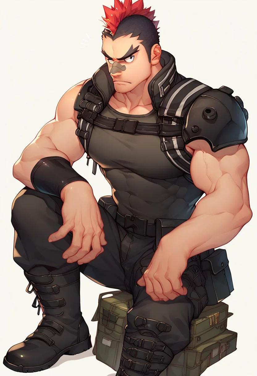 score_9, score_8_up, score_7_up,
kinagase_tsumugu, bandaid on nose, red mohawk, forked eyebrows, sideburns, bara, guerrilla outfit, black outfit, tactical gear, black armbands, sleeveless shirt, belts, chest harness, tactical harness, left pauldron, shoulder pad, combat boots