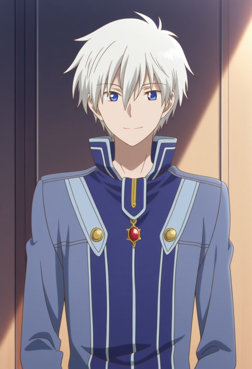 masterpiece,best quality,amazing quality, source_anime, 
ZenWistaria, 1boy, male focus, solo, blue eyes, white hair, jacket, blue jacket, high collar, smile,
