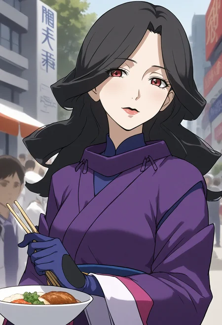 <lora:Hyper-SDXL-8steps-lora:1> <lora:Fixhands_anime_bdsqlsz_V1:1> zPDXL2, score_9, score_8_up, score_7_up, source_anime, intricate details, perfect anatomy BREAK
outdoors, city, tokyo, japan, audience, crowd, upper body,  holding chopsticks, rice bowl,  from side,  looking at viewer, eating, Fearful, Wide-open eyes, a furrowed brow, and a slightly open mouth., 1girl, solo, solo focus, 
<lora:GAGE-dorene_ezelcant_XL(pony)v10:1> GAGE-dorene, milf, black hair, wavy hair, red eyes, GAGE-dorene outfit, purple kimono, blue obi, black gloves, pink skirt, long gloves, long sleeves,