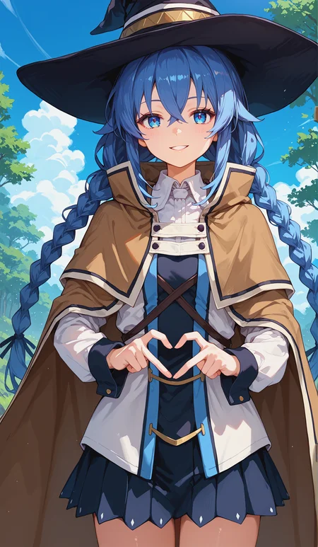 score_9, score_8_up, score_7_up,source_anime,
<lora:P-Roxy:0.8> r0x7, 1girl, solo, blue eyes, blue hair, long hair, hair between eyes, bangs, twin braids, brown cape, witch hat, cape, pleated skirt, long sleeves, black skirt, small breasts, seductive smile, parted lips, eyelashes, standing, <lora:Heart_Fingers__Concept_Lora:1> heart fingers, heart hands, forest background, blue sky, clouds
,glistening skin, <lora:shinyskin2:0.5>, cowboy shot,
masterpiece, expressiveh, <lora:Expressive_H:0.3>