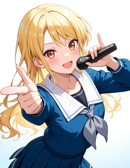kirigaya toko, blonde hair, 1girl, solo, tsukinomori school uniform, smile, school uniform, pleated skirt, open mouth, :d, shirt, long sleeves, white sailor collar, blue skirt, finger gun, reaching towards viewer,  holding microphone, blue serafuku, blue shirt, looking at viewer, collarbone, blush, standing, grey neckerchief, white background, gradient background, <lora:kirigaya_toko_illuXL_v0.3:1>, very awa, masterpiece, best quality, highres, absurdres, newest,