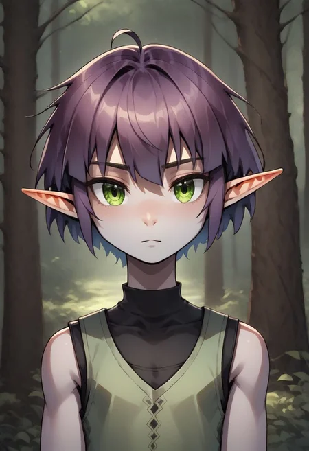 ASCIILapanya, 1 person, solo, pointy ears, ((snout nose)), flat chest, small nostrils, short stature, skinny arms, ((hazel irises)), fair skin, ((dark lilac hair)), short hair, tomboy haircut, small nostrils, 3 fingers 1 thumb ((Sleeveless green vest, fitted black undershirt, black pantaloons, fully clothed))
Forest background, fully clothed, 
clean lines, up close, upper body focus, highly detailed face, high quality, best quality,  score: 9, score: 8 up, rating: safe