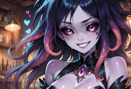 score_9, score_8_up, score_7_up, monster girl, 1girl, sweat, indoor, tavern, reluctant smile, smirk, horror,
<lora:MythP0rtr4itStyle:0.6> mythp0rt, blue and purple gradient skin, floating heart, tentacle hair, cute, cleavage, black iris, black sclera
<lora:MGE_V5.0:0.6>, zPDXL3, fixl-art