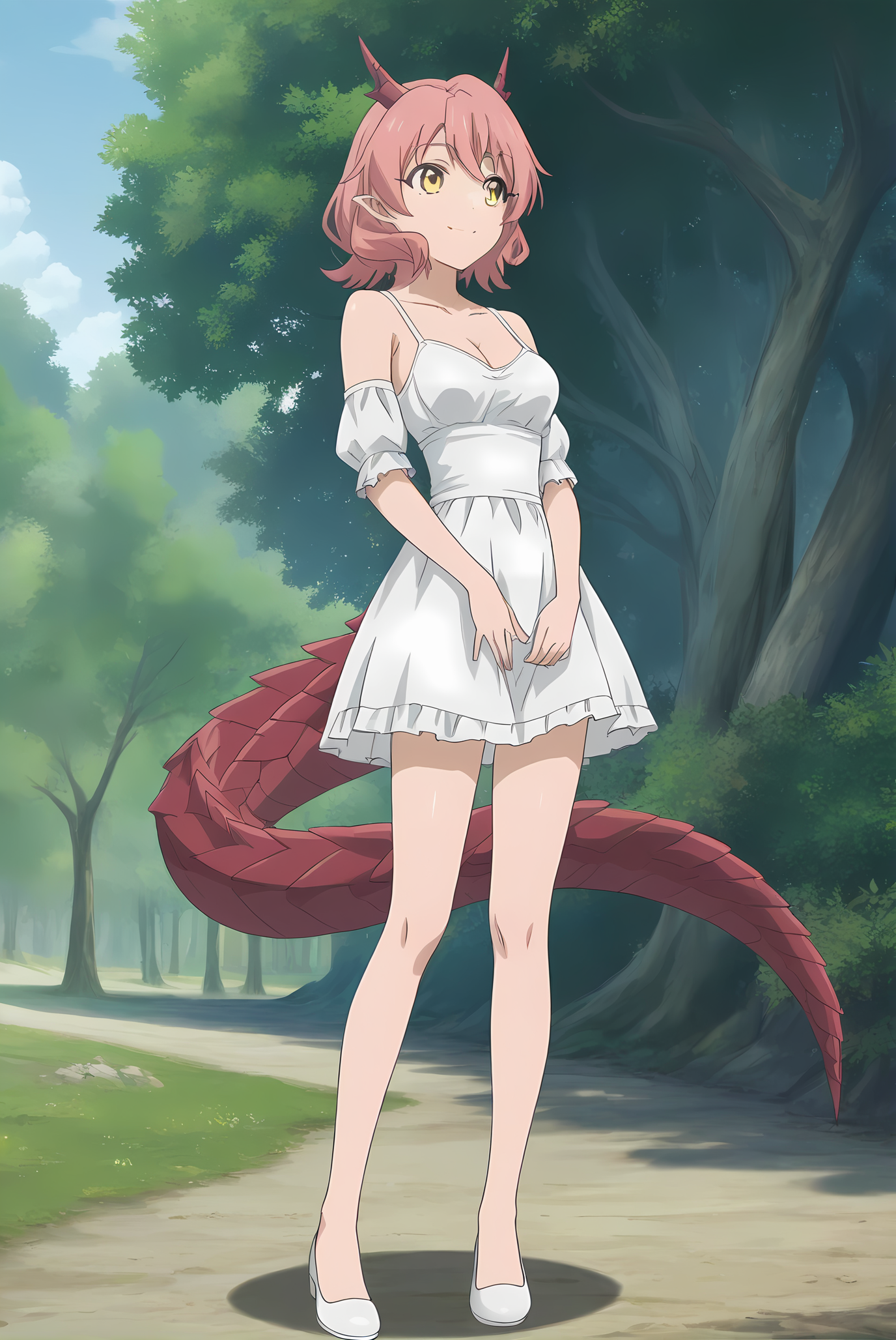 (:1.30), km-hanako, yellow eyes, pink hair, medium hair, short horns, dragon tail, medium breasts, 1girl, solo, skinny, score_9, score_8_up, score_8, score_7_up, score_7, score_6_up, score_6, score_5_up, score_5, source_anime, light smile, outdoors, (full body:1.20), (:1.20), feet, <lora:km-hanako-V01-000003:0.90>