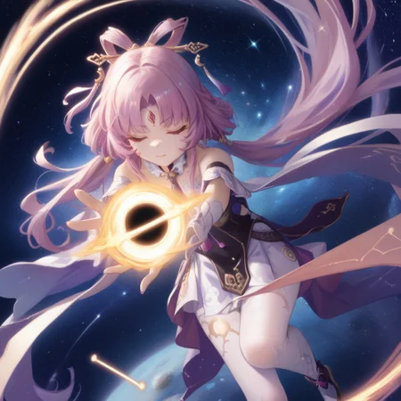 score_9,score_8_up,score_7_up,score_6_up, masterpiece:1.2, absurdres, fuxuan, white pantyhose, high heels,eyes closed, full body, cosmos above, majestic, anatomically correct, sea of clouds with blue and golden mist background, cosmic background, reaching hands out, holding purple and gold black hole,
above the clouds,
golden sparkles, golden stars,