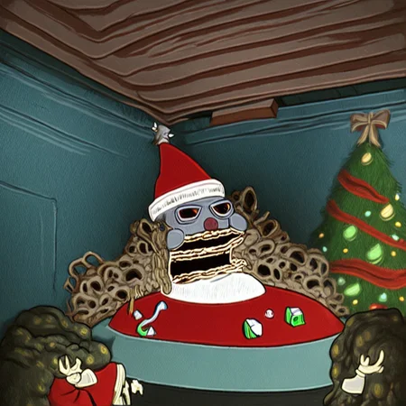 Children hiding from Santa, inside, Christmas decorations, horror, ominous