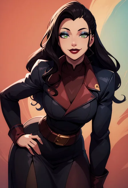 score_9, score_8_up, score_8, big breasts, (curvy), cute, eyelashes,
rating safe,
BREAK,
aaAsami, light green eyes, red collar, black jacket, cowboy shot, long hair, black hair, green eyes, jacket, belt, hand on hip, makeup, lipstick, black dress,
leaning forward, adjusting hair,
,BREAK,
smile, looking at viewer, cowboy shot,
abstract background,
zPDXL, Expressiveh