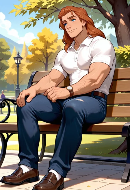 masterpiece,best quality,amazing quality,very aesthetic,absurdres,newest, huge filesize, Prince_Adam_BTB, 1man male focus, solo, auburn hair, blue eyes, lean and athletic, mature, long hair, strong, long legs, tall, manly, masculine, classy, artistic, relaxed look, small smile, park, sitting on a park bench, Polo shirt, loafers, dark denim jeans, wristwatch
