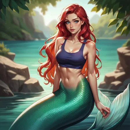 (((detailed, beautiful, high quality))), score_9, score_8_up, score_7_up, full body,
merfolk, mermaid tail, scales,
1girl, red hair, long hair, blue eyes, purple short top, green ponytail,
looking at the viewer, posing, blurred background, blurred fantasy background,
