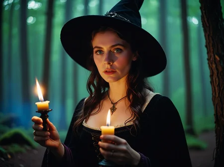 this Technicolor filmstill was shot with a 35mm Arriflex camera and an Angenieux 25-250mm f/3.2 lens. it shows a breathtakingly cute 25-year-old witch immersed in a mystical ambiance at night. She exudes dark power and allure while holding a candle in a medieval forest. The witch captivates with her mesmerizing eyes and irresistible aura, creating a scene brimming with enchantment and mystery.