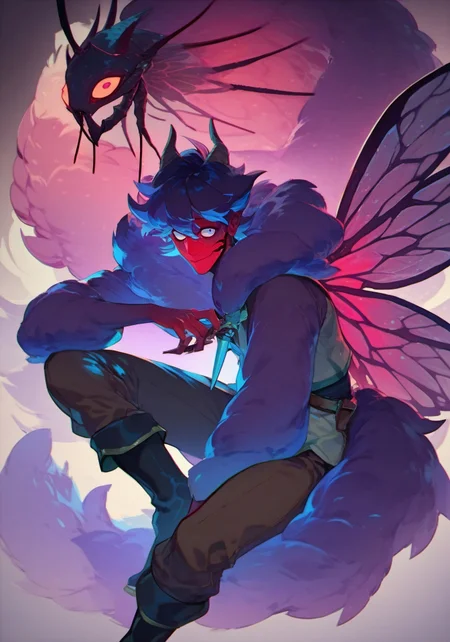 score_9, score_8_up, score_7_up, score_6_up,  faerie rogue, dagger strike, beautiful, dark bold line work, occult singles and runes, heavy black boots, highly detailed face, insect wings, fluffy fur, monster, perfect eyes looking at viewer, colored skin, cyan and purple 