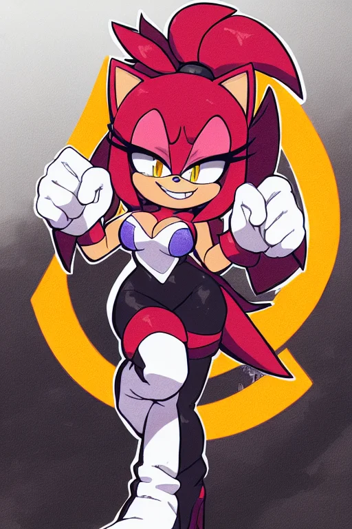 mobian, , 1girl, solo, animal ears, gloves, furry female, boots, animal nose, smile, white gloves, thigh boots, clenched hands, signature, high heels, teeth, full body, standing, standing on one leg, looking at viewer, ponytail, yellow eyes, breasts, grin, makeup, thighhighs