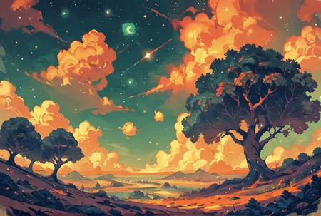 score_9.score_8_up,score_7_up,
<lora:space_backround-pony-8:0.6>,
space_backround,
scenery, no humans, cloud, sky, tree, star (sky),green and orange theme