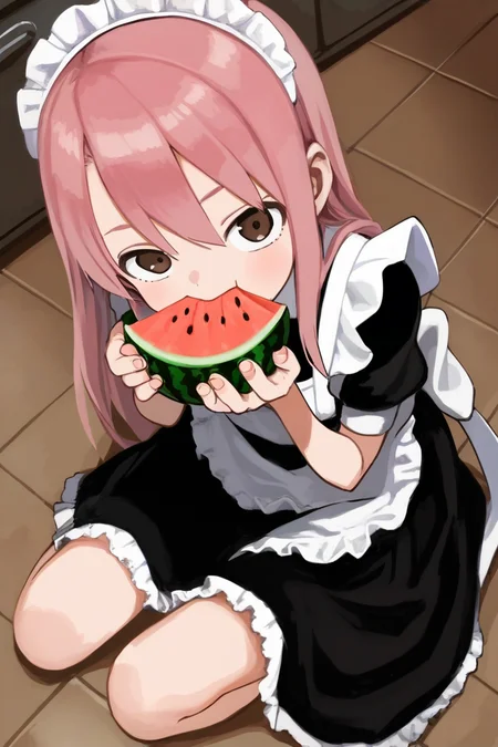 score_9, score_8_up, score_7_up, rating_safe BREAK
1girl, :t, looking at viewer, long hair, pink hair, brown eyes, black dress, maid dress, flat chest, sitting, on floor, (eating, melon), from above, kitchen