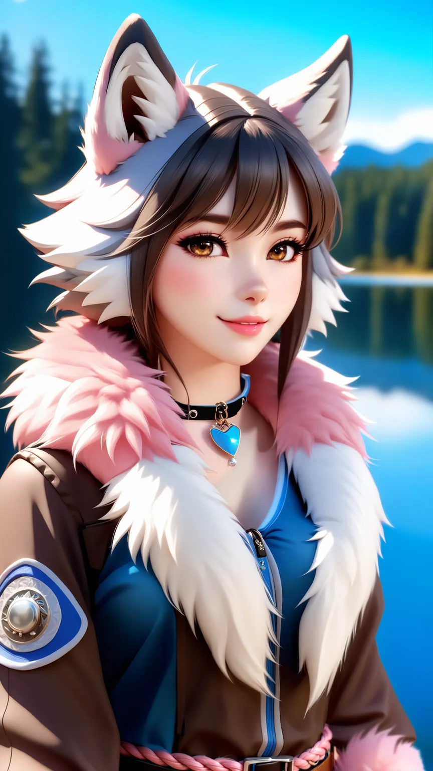 1girl, furry girl, anime furry women, (best quality), ((masterpiece)), ((realistic)), (detailed), portrait, close up, young female, RAW photo, uhd, dslr, high quality, realistic, photo realistic, dreamlikeart, lens flare, upper body, looking at viewer, animal focus, furry,wolf fursuit, 1girl, cute, kawaii, lovely, fur, fur head, wolf head, narrow waist, wolf ears, chocker with rope, blush, paw, paw shoes, stunning gradient colors, no watermark signature, detailed background, woods, small lake with island, insanely detailed, ((masterpiece)), absurdres, HDR