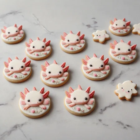 <lora:lora:1>cookie art design, <lora:Axomodelv2.1:1> delicious cute axolotl cookies on a countertop, <lora:add-detail-xl:1>