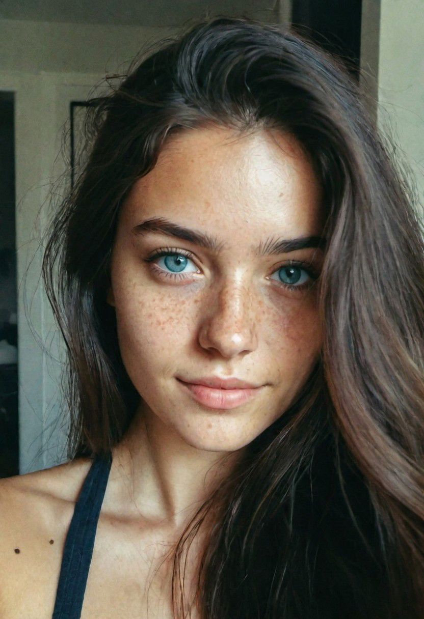 instagram selfie , a 23 year old gorgeous woman , slight smile , detailed skin face and eyes , natural lighting , at home , long hair, topless , film grain, low contrast, natural face , freckles , black hair , blue eyes, dark circles under eyes