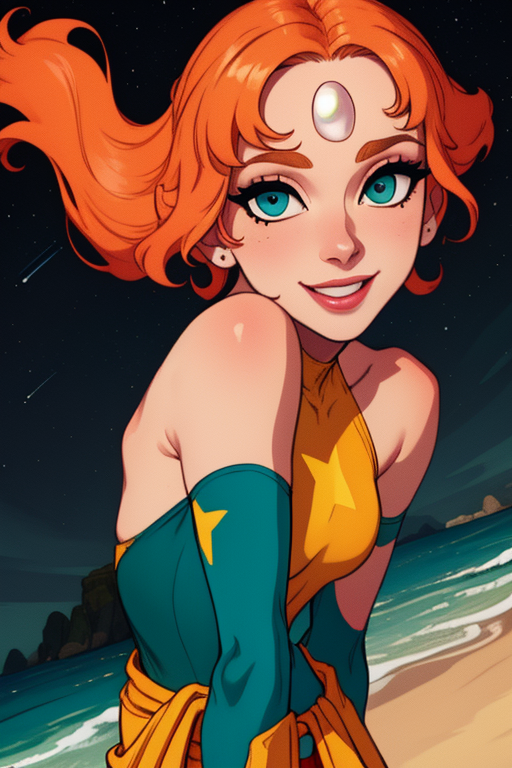 Pearl,short orange hair, forehead jewel, half-open eyes, close up, smiling , solo,  upper body  
PeDres,Blue leotard with tiny gold star on front, small blue skirt, teal ribbon around waist, yellow bike shorts, pink socks, bare shoulders ,sleeveless,
 nighttime, beach, stars,
 (insanely detailed,beautiful detailed face, masterpiece, best quality)
 <lora:Pearl-10v3:0.8>