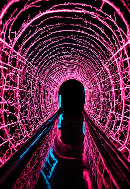 steep, tunnel, made of tiny neon glass filaments,